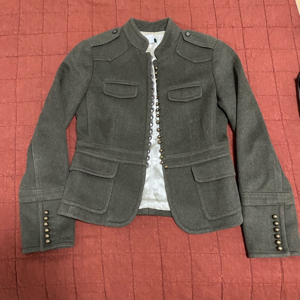 J. Crew solid wool blazer in olive lined cute brass buttons perfect for spring